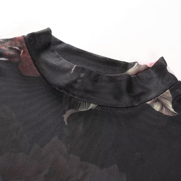 Silky Soft Floral Sheer Mesh Long Sleeve Top Black & Pink - Picture 8 of 12